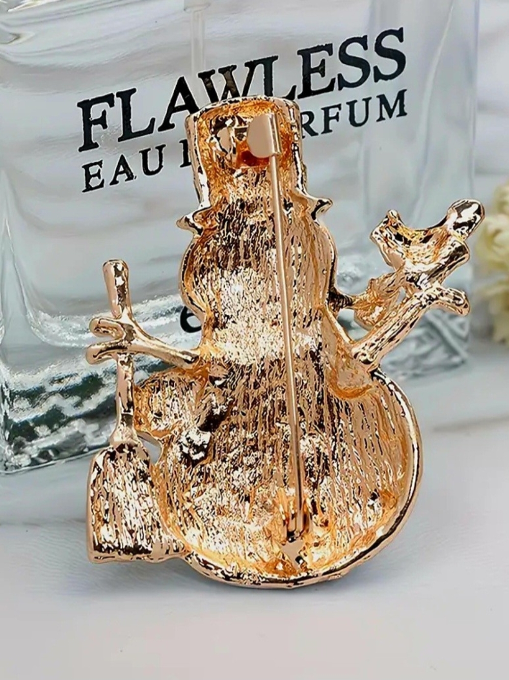 Festive White Snowman Brooch with Green Scarf and Gold Accents - Picture 2 of 4